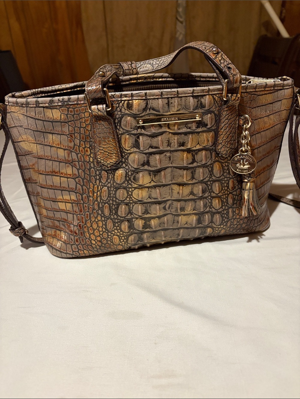 Brahmin Multi-Tone Croc-Embossed Leather Satchel with Tassel Charm